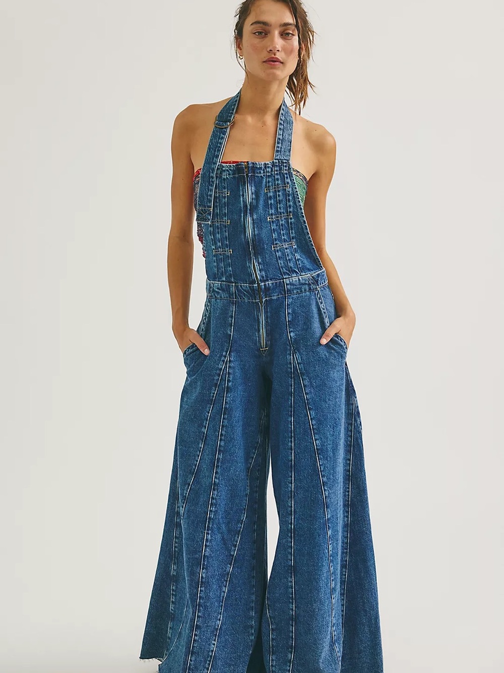 Free People Denim Wide-Leg Halter Jumpsuit - Blue